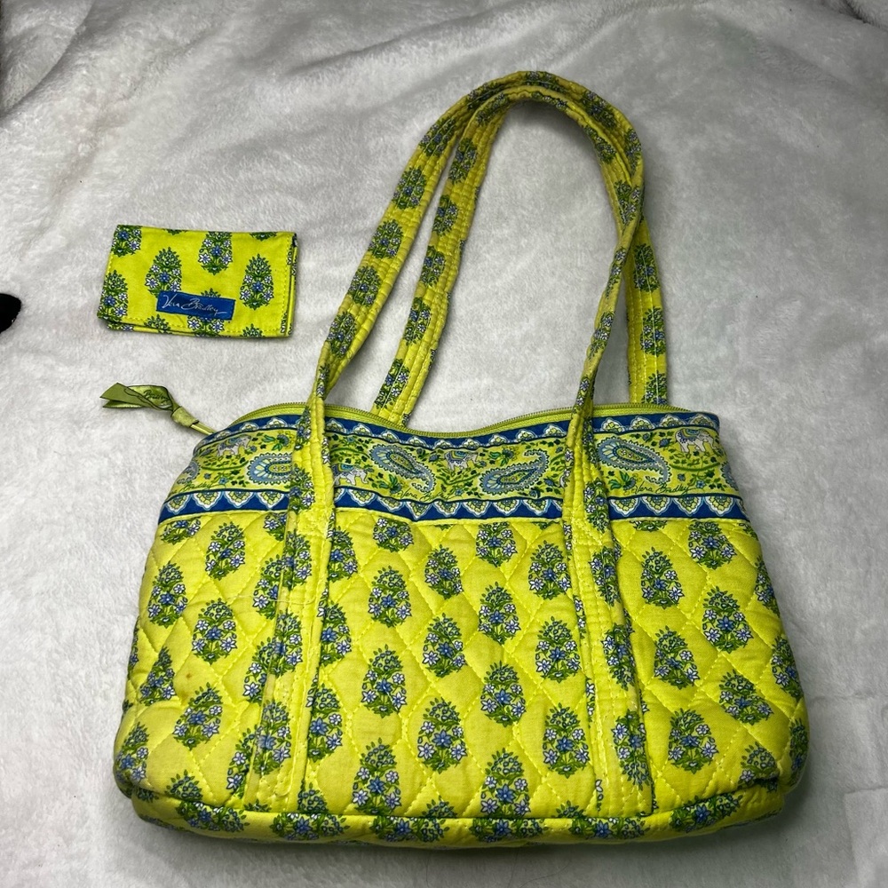 Vera Bradley yellow and blue floral patterned purse with matching wallet